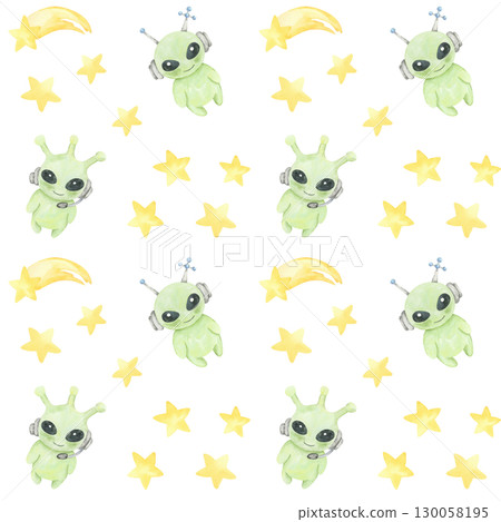Watercolor clipart seamless pattern of green aliens and yellow stars, ideal for novelty textiles, kids party invitations, decorative wall prints, and playful gift wrap for space themes. 130058195