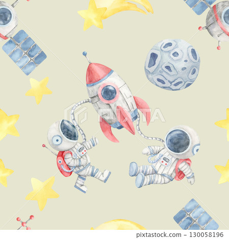 Watercolor clipart seamless pattern with rockets, moons, and astronauts, perfect for childrens fashion textiles, nursery accessories, themed stationery, and fun wrapping paper designs. Watercolor clipart seamless pattern with rockets, moons, and astronauts, perfect for childrens fashion textiles, nursery accessories, themed stationery, and fun wrapping paper designs. 130058196