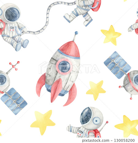 Watercolor clipart seamless pattern with astronauts, rockets, and satellites, perfect for textile prints, bedding sets, wrapping paper, and themed party supplies for space-loving children. Watercolor clipart seamless pattern with astronauts, rockets, and satellites, perfect for textile prints, bedding sets, wrapping paper, and themed party supplies for space-loving children. 130058200