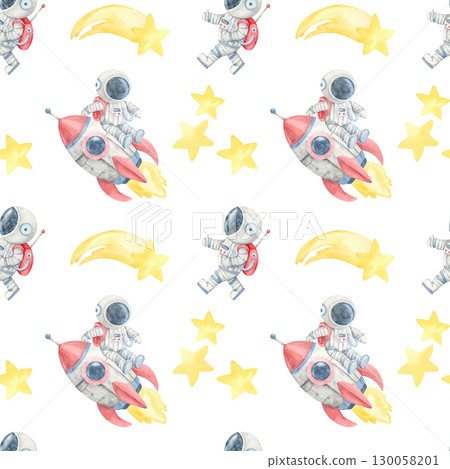 Astronauts in gray suits, red rockets, and yellow stars in a watercolor clipart seamless pattern, perfect for kids pajamas, nursery decor, party invitations, and playful surface textile design. 130058201