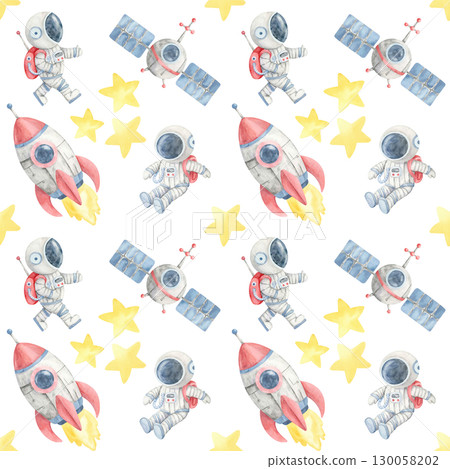 Astronauts, rockets, yellow stars, and moons in a watercolor illustration seamless pattern, perfect for nursery textiles, themed wrapping paper, stationery, and childrens birthday decor. Astronauts, rockets, yellow stars, and moons in a watercolor illustration seamless pattern, perfect for nursery textiles, themed wrapping paper, stationery, and childrens birthday decor. 130058202