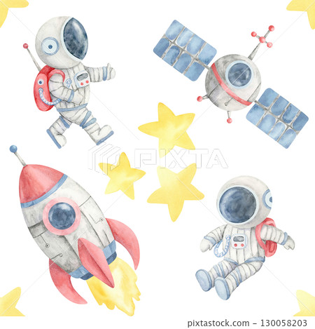 Watercolor clipart seamless pattern with astronauts, rockets, stars, and satellites, ideal for childrens books, toys packaging, party invitations, and custom fabric for creative sewing projects. 130058203
