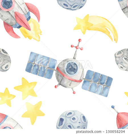 Watercolor clipart seamless pattern with satellites, rockets, shooting stars, and moons, perfect for nursery prints, kids pajamas, school supplies, and decorative space-themed products. 130058204
