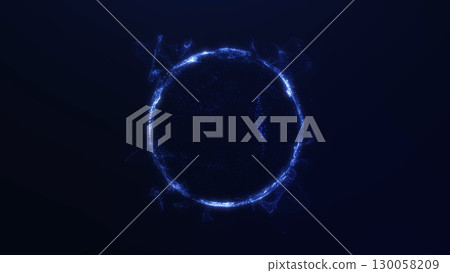 Glowing abstract blue sphere with dynamic wavy flowing textures on dark background. Futuristic energy design. 130058209