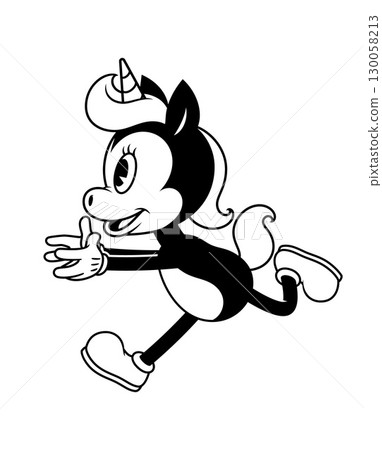 Little unicorn mascot running and chasing something. Black and white retro cartoon style vector illustration. 130058213