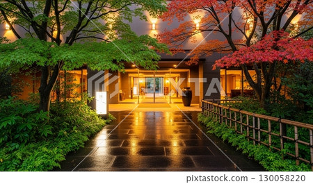 The hotel entrance with beautiful autumn leaves 130058220