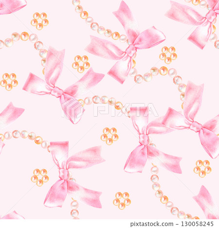 Seamless pattern with pink pearl string bow and pearl flower, hand drawn in watercolor. 130058245