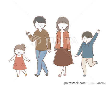 Illustration of a happy family walking (warm colors) 130058282