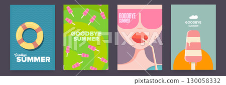 Summer goodbye poster set. Ice cream, Summer sun, woman with sunglasses and cocktail, Lifebuoy in water.Summer time and vacations background patterns and posters set. Perfect background for posters 130058332