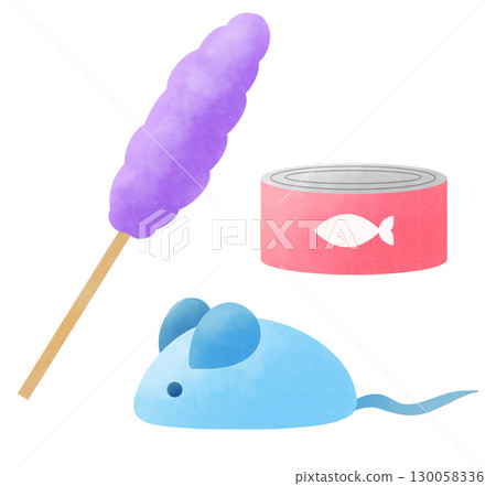 Illustration of a cat toy, a mouse toy, and a cat food can 130058336