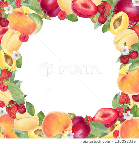 Fruit square frame with watercolor drawn peaches, plums, apricots, cherries, strawberries, raspberries, gooseberries, flowers, leaves isolated on a white background. 130058339