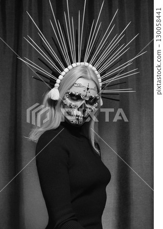 Halloween Make-Up Style, Fancy Dress and Diadem. Blond Model Wear Sugar Skull Makeup with Crown. Santa Muerte concept 130058441