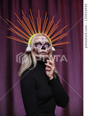 Halloween Make-Up Style, Fancy Dress and Diadem. Blond Model Wear Sugar Skull Makeup with Crown. Santa Muerte concept Halloween Make-Up Style, Fancy Dress and Diadem. Blond Model Wear Sugar Skull Makeup with Crown. Santa Muerte concept 130058449