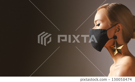 Woman with Black Mask on Face. Fashion Style, Make-up and Accessories. Plastic Surgery or Protection Hygiene in Covid-19 130058474