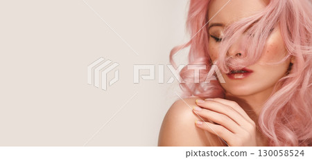 Soft-Girl Style with Trend Pink Flying Hair, Fashion Make-up. Woman with Freckles, Blush Rouge, Rose Colored Hairstyle Soft-Girl Style with Trend Pink Flying Hair, Fashion Make-up. Woman with Freckles, Blush Rouge, Rose Colored Hairstyle 130058524