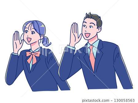 Smiling anime-style male and female students cheering 130058563