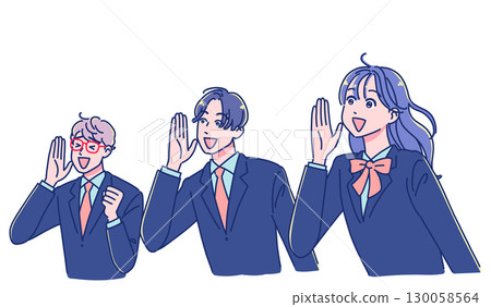 Smiling anime-style male and female students cheering Smiling anime-style male and female students cheering 130058564