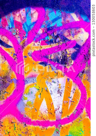 Vibrant Graffiti Texture in Neon Pink, Orange, Purple for 80s Urban Aesthetic 130058603