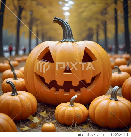 Large orange pumpkin with a carved smiling face, surrounded by four smaller pumpkins, two of which have similar carvings.  130058663