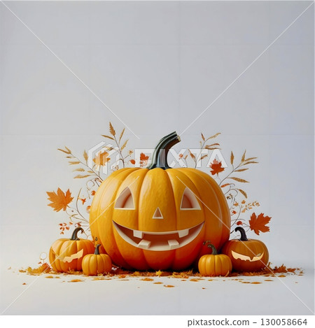 Large orange pumpkin with a carved smiling face, surrounded by four smaller pumpkins, two of which have similar carvings.  130058664