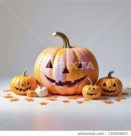 Large orange pumpkin with a carved smiling face, surrounded by four smaller pumpkins, two of which have similar carvings.  130058665