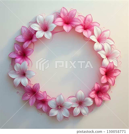 A delicate abstract composition featuring an arrangement of pink and purple flowers, possibly stylized cherry blossoms or similar, with smooth, pastel hues. 130058771