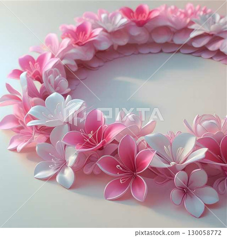 A delicate abstract composition featuring an arrangement of pink and purple flowers, possibly stylized cherry blossoms or similar, with smooth, pastel hues. 130058772
