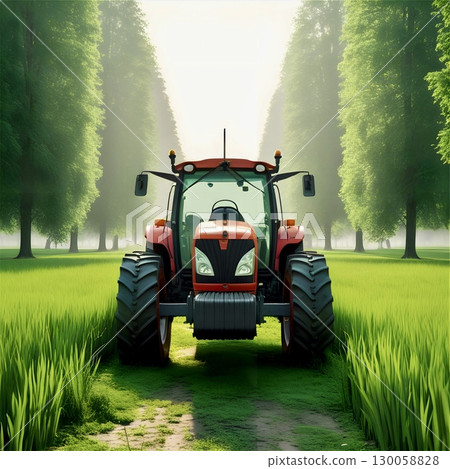 Red tractor in a green grassy field, centered between two rows of tall pine trees (genus Pinus). 130058828