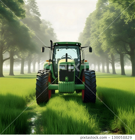 Red tractor in a green grassy field, centered between two rows of tall pine trees (genus Pinus). 130058829