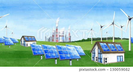 Solar panels on house. Eco-friendly landscape. PV battery, Photovoltaic on field against backdrop industrial city, smoke stack. Renewable energetic source. Toxic steam. Watercolor illustration card 130059082