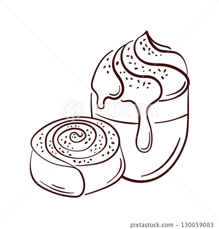 Line art illustration of a cinnamon roll with a cup of coffee with whipped cream topping. 130059083