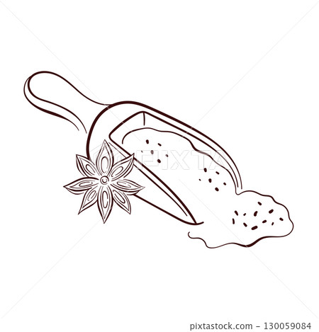 Line art style illustration of a scoop with powder cinnamon spice and star anise decoration. Line art style illustration of a scoop with powder cinnamon spice and star anise decoration. 130059084