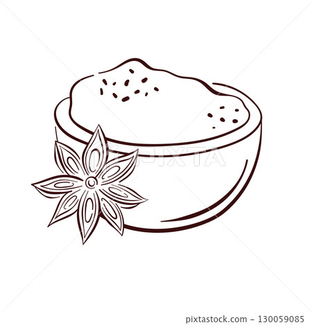 Line art style illustration of a bowl filled with cinnamon spice powder and star anise flower isolated on white background. Perfect for cooking food design and organic product decoration. Line art style illustration of a bowl filled with cinnamon spice powder and star anise flower isolated on white background. Perfect for cooking food design and organic product decoration. 130059085