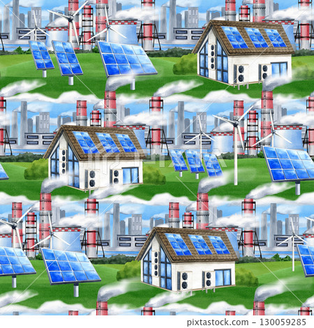 Solar panels, house, Wind turbines, field against backdrop industrial city landscape seamless pattern. Eco-friendly Alternative generator sustainable energy. Renewable source watercolor illustration 130059285