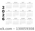 Calendar 2026, Week Starts Sunday, One Page. Design Planner Template. Print.  130059308