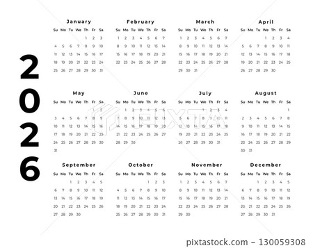 Calendar 2026, Week Starts Sunday, One Page. Design Planner Template. Print. Calendar 2026, Week Starts Sunday, One Page. Design Planner Template. Print. 130059308