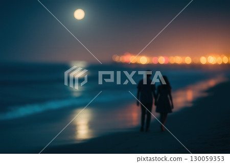 Romantic Moonlit Stroll On Beach With Soft City Lights 130059353