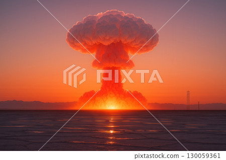 Nuclear Mushroom Cloud Rising At Sunrise Over Desert Test Range Nuclear Mushroom Cloud Rising At Sunrise Over Desert Test Range 130059361