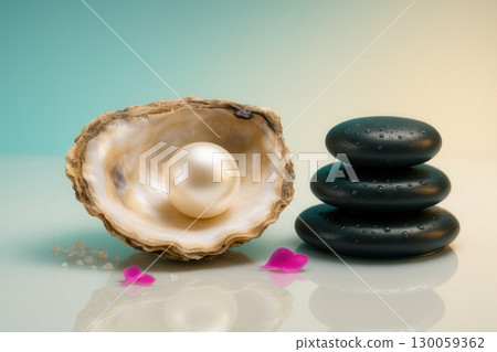 Pearl In Open Oyster With Zen Spa Stones And Petals 130059362