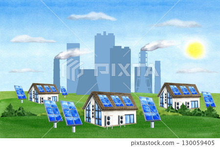 Eco-friendly industrial landscape. Solar panels on house, green field, sky, sun, grey smoke stack with toxic steam, multi-storey buildings. Alternative renewable generator energy. Watercolor art 130059405