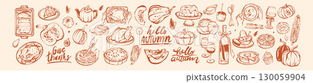 Autumn food doodle illustration, hand drawn Thanksgiving day traditional table dish, fall dinner set 130059904