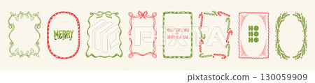 Christmas doodle frame, vector hand drawn New Year border set, winter holiday elegant decoration kit Christmas doodle frame, vector hand drawn New Year border set, winter holiday elegant decoration kit 130059909