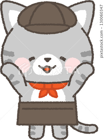 A smiling, tabby cat cafe employee cheers 130060347