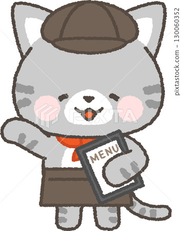 A tabby cat cafe attendant holding a menu 130060352