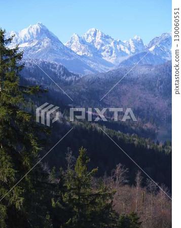 Snow-capped mountains rise above dense green forests and a serene lake in a stunning alpine landscape during clear winter weather Snow-capped mountains rise above dense green forests and a serene lake in a stunning alpine landscape during clear winter weather 130060551