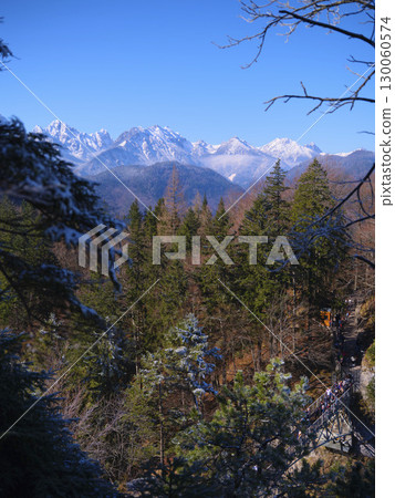 Mountain landscape showcasing snow-capped peaks and lush green forests on a clear sunny day in a scenic nature reserve 130060574