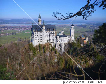 High view of Neuschwanstein Castle on a clear day surrounded by lush forests and vast landscapes High view of Neuschwanstein Castle on a clear day surrounded by lush forests and vast landscapes 130060695