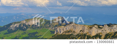 Scenic view of mountain peaks under a partly cloudy sky in the Swiss Alps during the summer season 130060881