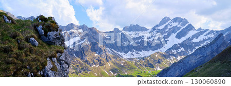 Majestic mountain landscape under a bright sky with snow-capped peaks and lush green valleys in the summer 130060890