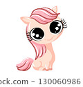 Cartoon pony with big eyes and pink mane. Cute vector illustration isolated on white background. Fantasy animal character. Design for greeting card, invitation, poster, sticker, postcard, wallpaper. 130060986